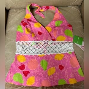 NWT Lilly Pulitzer Chantel stretch halter top white label Hibiscus Pink fruit 10